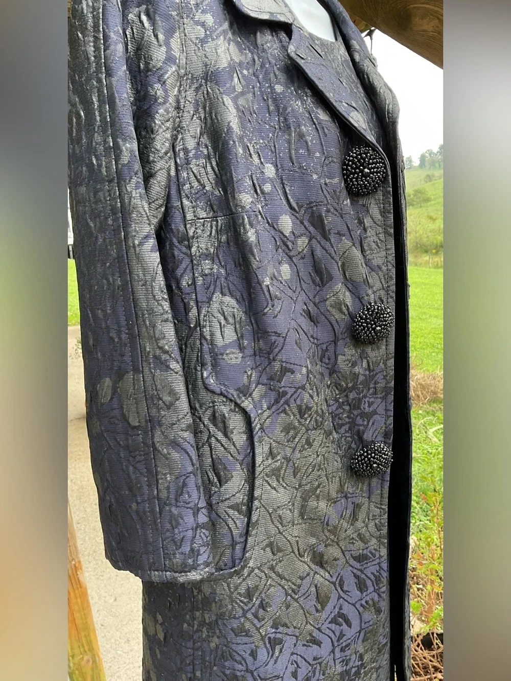 Carlisle Size 6 Y2K Navy Metallic Brocade Dress Long Coat 2 Piece Formal Set